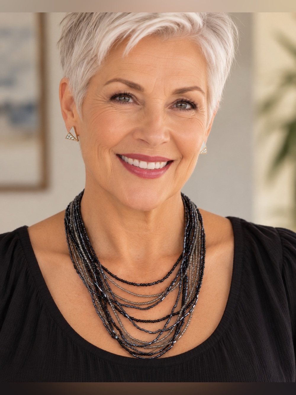 Black Gray Gunmetal Multi Strand Beaded Statement Necklace Layered